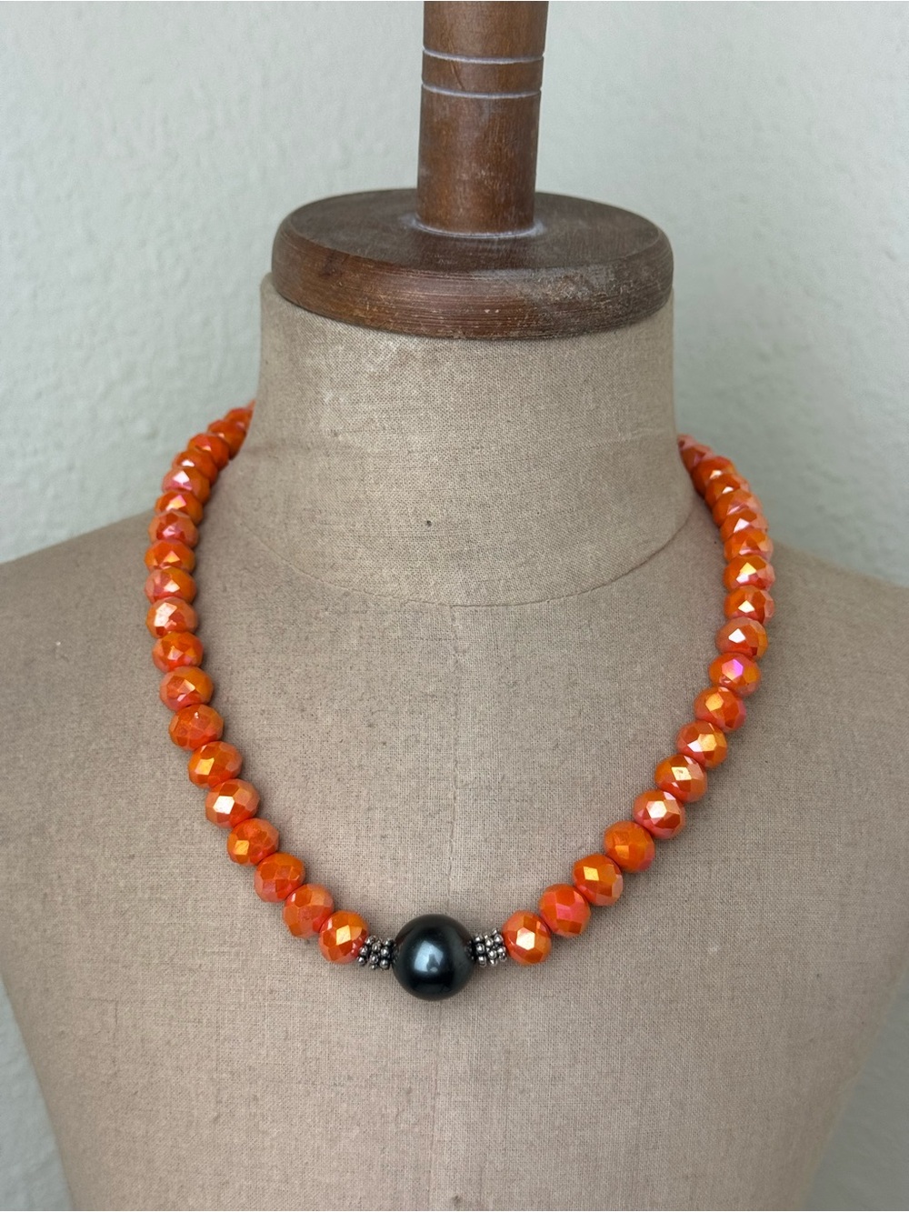 Handmade Sparkle Orange Crystal Beaded Necklace with Green Glass Pearl